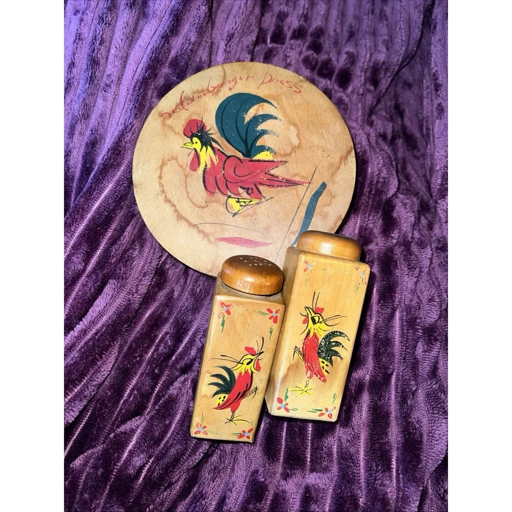 Vintage Wooden Salt & Pepper Shaker Set & Hamburger Press-Hand Painted Roosters